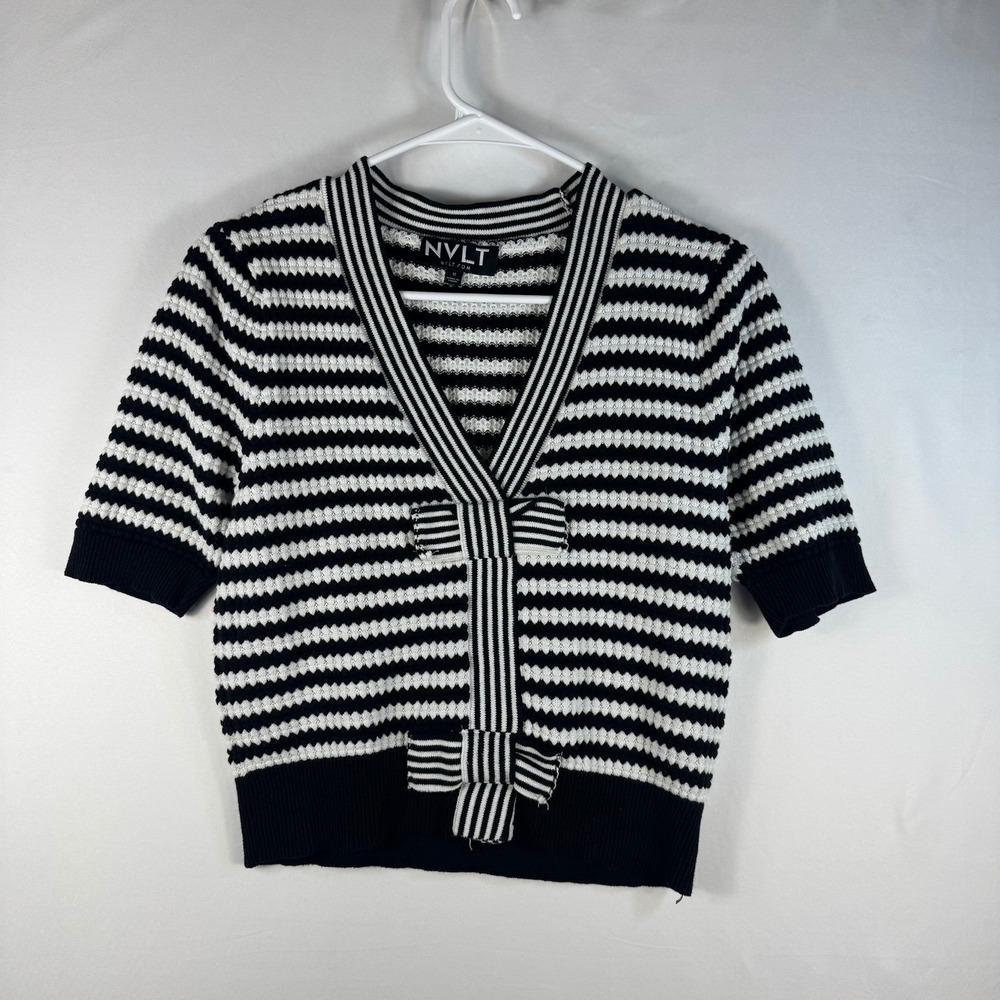 NVLT Womens Black White Striped Short Sleeve‎ Bow Accent Knit Cardigan Sweater M